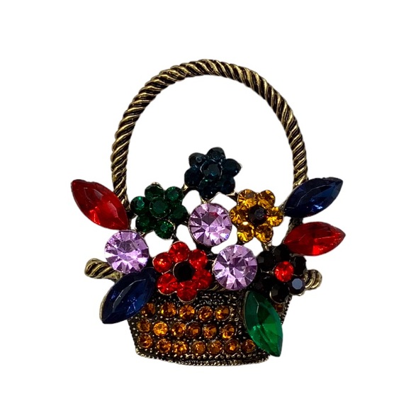 Jewelry - Multi Colored Rhinestone Flower and Basket Brooch